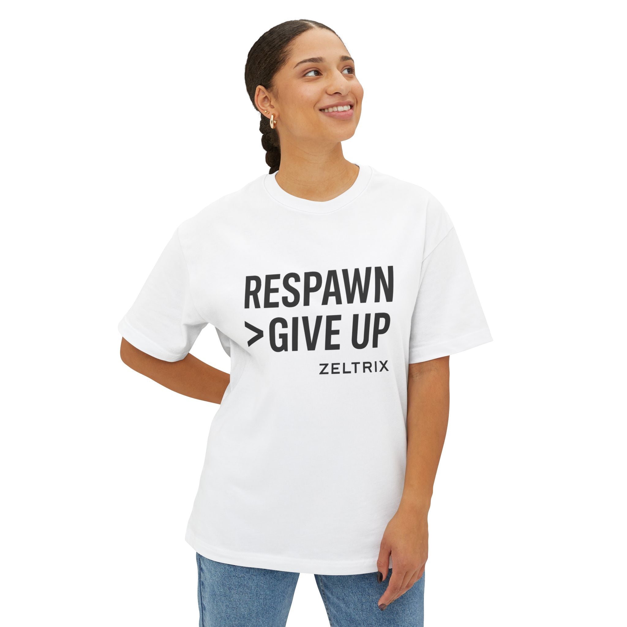 Respawn > Give Up | Zeltrix Premium Motivational T‑Shirt – White